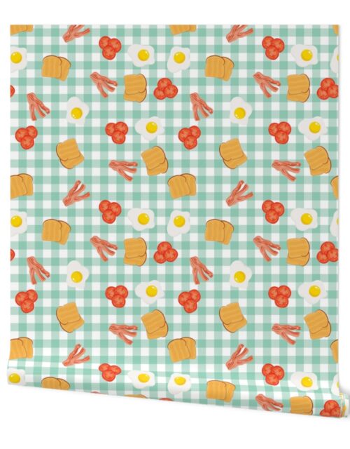 English Cooked Breakfast Bacon, Eggs, Tomato and Toast on Green Gingham Check Wallpaper