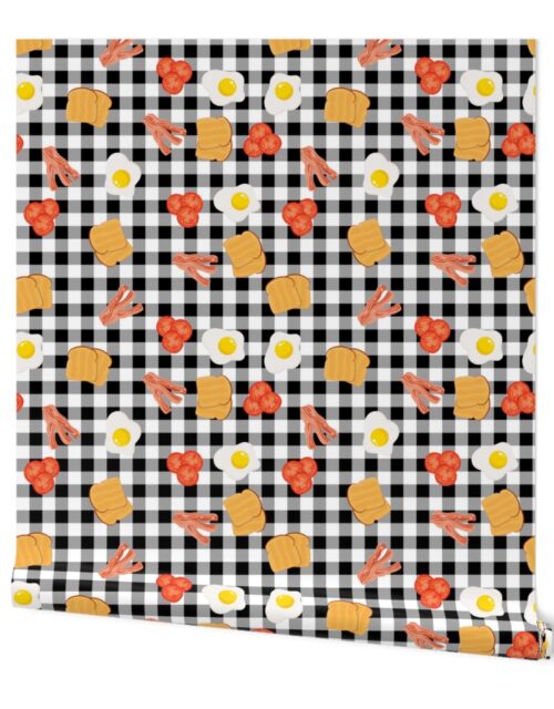 English Cooked Breakfast Bacon, Eggs, Tomato and Toast on Black Gingham Check Wallpaper