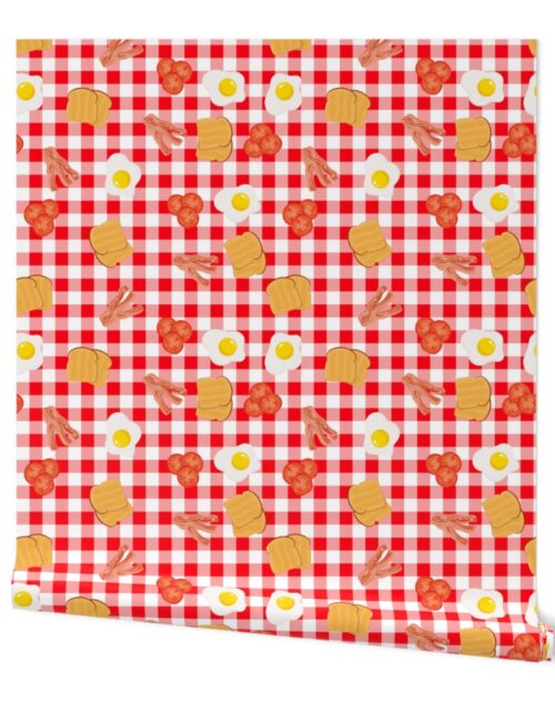 English Cooked Breakfast Bacon, Eggs, Tomato and Toast on Red Gingham Check Wallpaper