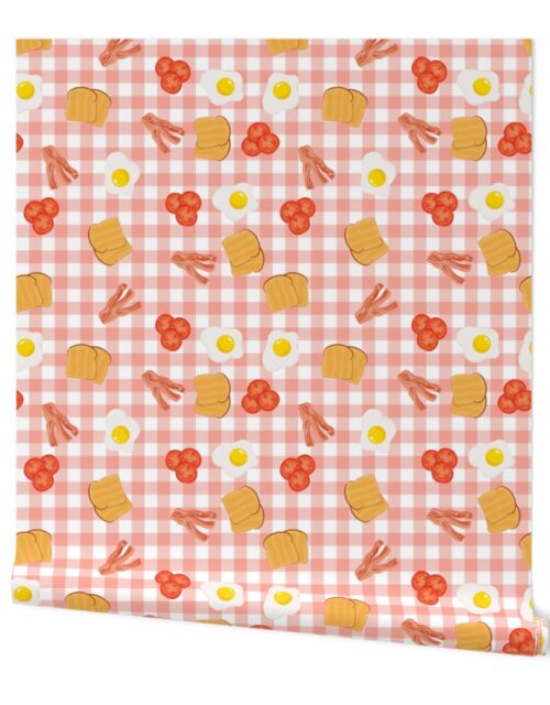 English Cooked Breakfast Bacon, Eggs, Tomato and Toast on Peach Gingham Check Wallpaper