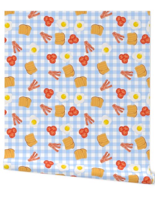 English Cooked Breakfast Bacon, Eggs, Tomato and Toast on Pale Blue Gingham Check Wallpaper
