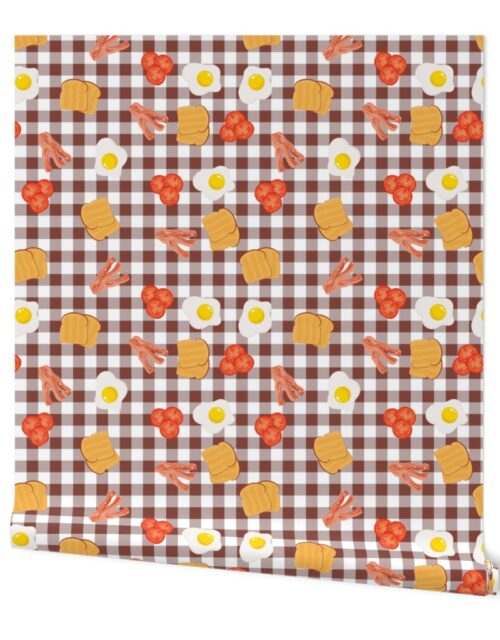 English Cooked Breakfast Bacon, Eggs, Tomato and Toast on Brown Gingham Check Wallpaper