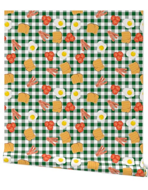 English Cooked Breakfast Bacon, Eggs, Tomato and Toast on Dark Green Gingham Check Wallpaper
