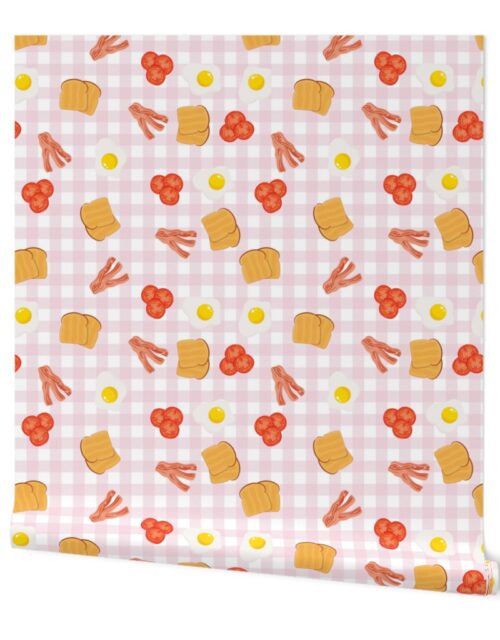 English Cooked Breakfast Bacon, Eggs, Tomato and Toast on Pale Pink Gingham Check Wallpaper
