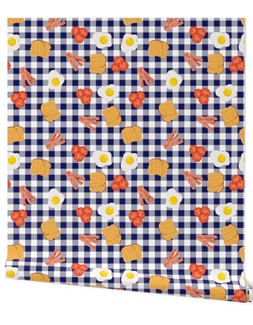 English Cooked Breakfast Bacon, Eggs, Tomato and Toast on Navy Gingham Check Wallpaper