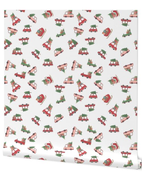 Christmas Cars and Sleigh Doodles in  Holiday Colors Red and Green on White Wallpaper