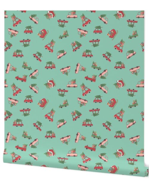 Christmas Cars and Sleigh Doodles in  Holiday Colors Red and Green on Mint Green Wallpaper