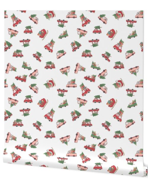 Cats in Christmas Cars and Sleigh Doodles in  Holiday Colors Red and Green on White Wallpaper