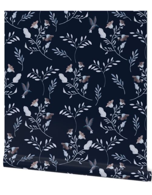 Bluebells and Bluebirds Floral Pattern on Midnight Blue Wallpaper