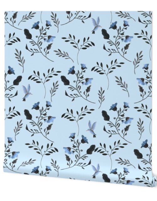 Pale Blue Bluebells and Bluebirds Floral Pattern on Pale Blue Wallpaper