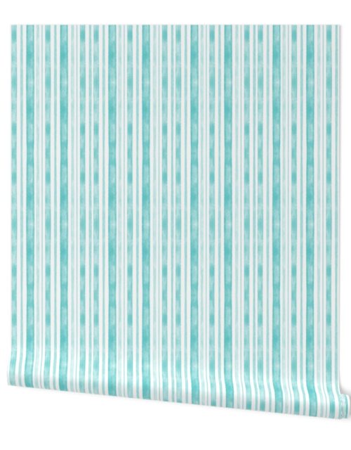 Aqua Watercolor Vertical Stripes Varied Thick and Thin Wallpaper