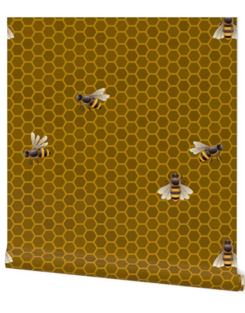 Large Golden Honey Honeycomb Bee Hive Geometric Hexagonal Design with Bees Wallpaper