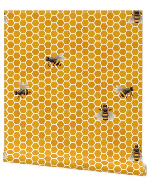 Large Honey Honeycomb Bee Hive Geometric Hexagonal Design with Bees Wallpaper