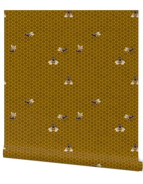 Small Golden Honey Honeycomb  Bee Hive Geometric Hexagonal Design with Bees Wallpaper