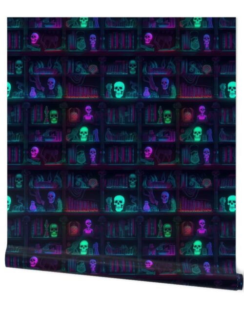 Small Spooky Photo-realistic Dark Academia Bookshelves in Bright Neons with Glowing Skulls Wallpaper