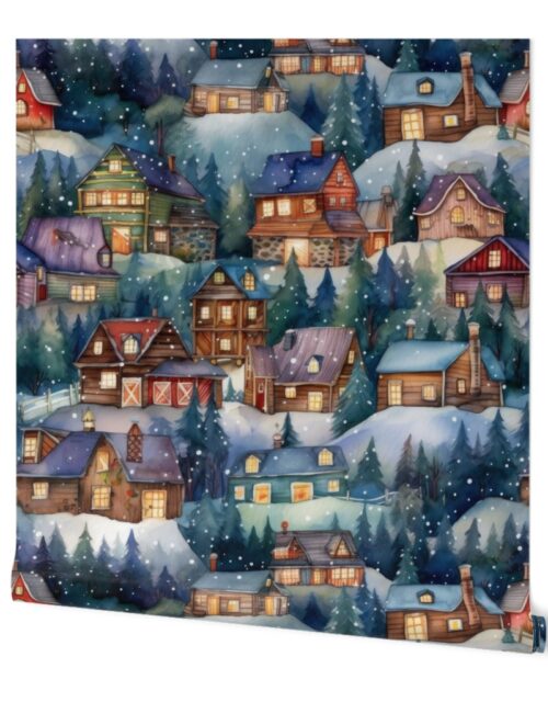 Large Christmas Rustic Country Winter Cabins Watercolor Wallpaper