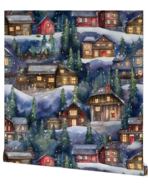 Large Christmas Christmas Rustic Village Winter Cabins Watercolor Wallpaper