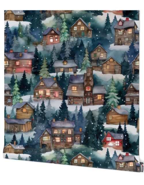 Large Christmas Christmas Rustic Winter Mountainside Cabins Watercolor Wallpaper