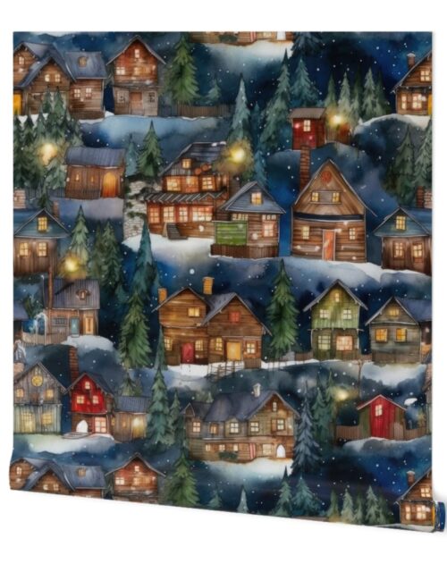 Large Christmas Christmas Rugged Country Winter Cabins Watercolor Wallpaper