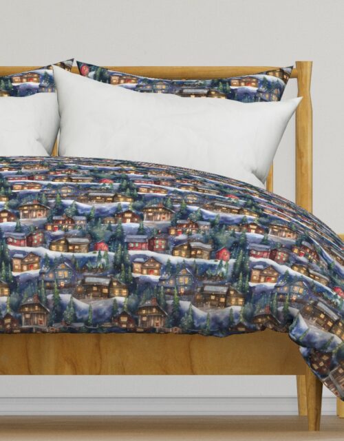 Small Christmas Christmas Rustic Village Winter Cabins Watercolor Duvet Cover