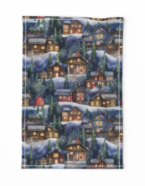 Small Christmas Christmas Rustic Village Winter Cabins Watercolor Tea Towel