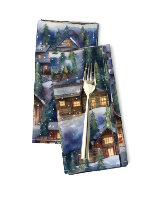 Small Christmas Christmas Rustic Village Winter Cabins Watercolor Dinner Napkins