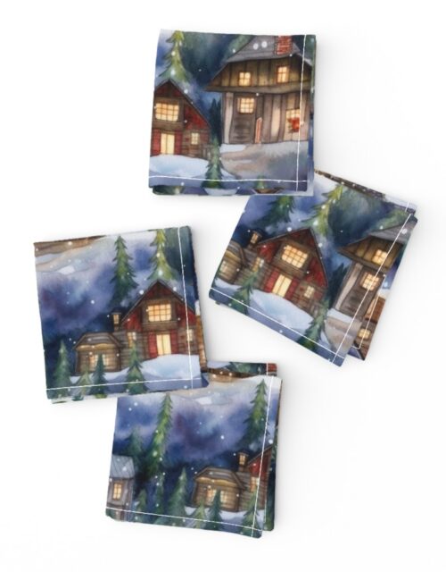 Small Christmas Christmas Rustic Village Winter Cabins Watercolor Cocktail Napkins