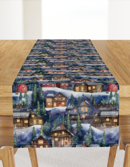 Small Christmas Christmas Rustic Village Winter Cabins Watercolor Table Runner