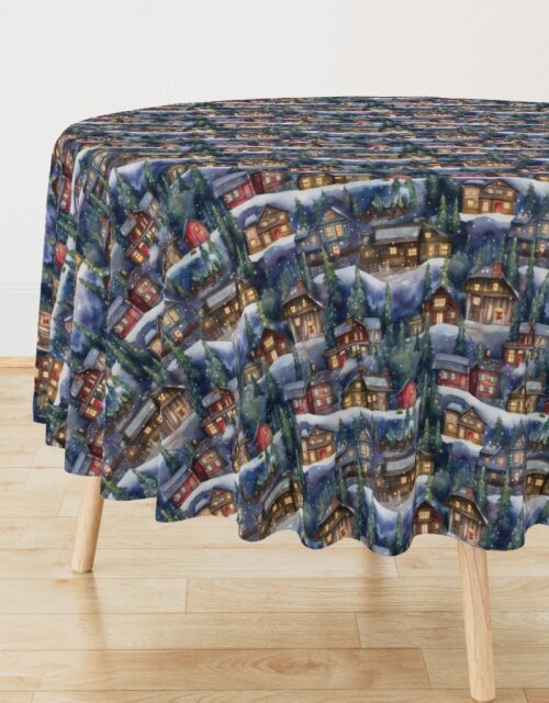 Small Christmas Christmas Rustic Village Winter Cabins Watercolor Round Tablecloth