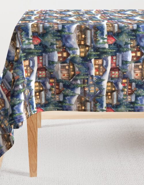 Small Christmas Christmas Rustic Village Winter Cabins Watercolor Rectangular Tablecloth