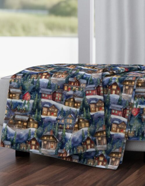 Small Christmas Christmas Rustic Village Winter Cabins Watercolor Throw Blanket