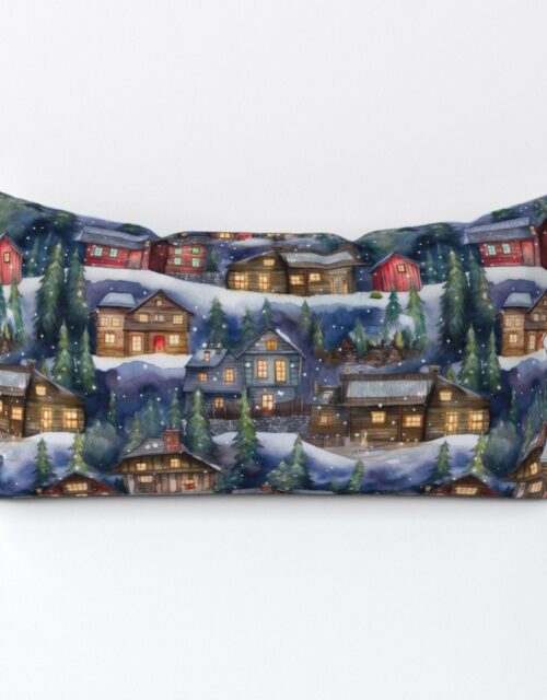 Small Christmas Christmas Rustic Village Winter Cabins Watercolor Lumbar Throw Pillow