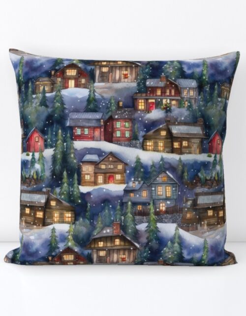 Small Christmas Christmas Rustic Village Winter Cabins Watercolor Square Throw Pillow