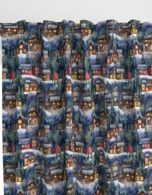 Small Christmas Christmas Rustic Village Winter Cabins Watercolor Curtains