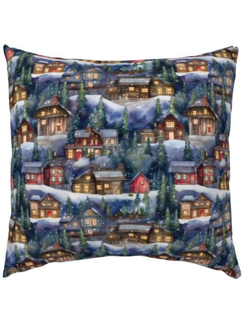 Small Christmas Christmas Rustic Village Winter Cabins Watercolor Euro Pillow Sham