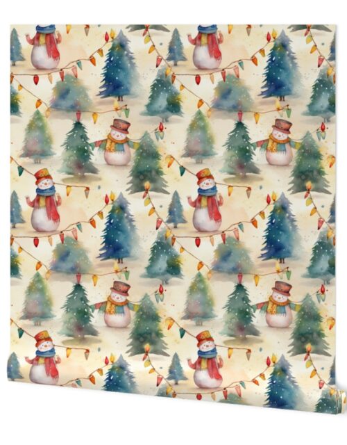 Christmas Snowmen with Christmas Lighted Trees Watercolor Wallpaper