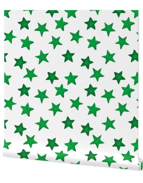 Large Faded Green Christmas Stars on White Wallpaper