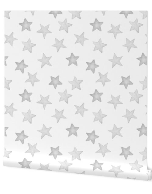 Large Faded Silver Christmas Stars on White Wallpaper