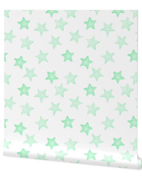Large Faded Mint Christmas Stars on White Wallpaper