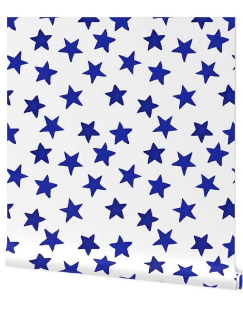 Large Faded Royal Blue Christmas Stars on White Wallpaper