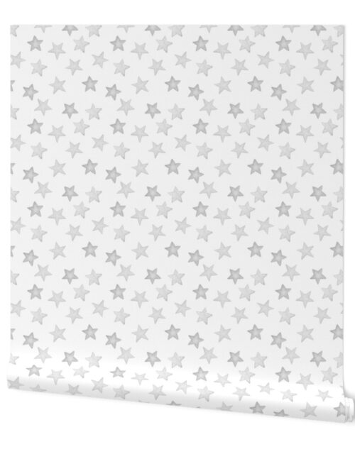 Silver Grey Faded Christmas Stars on White Wallpaper