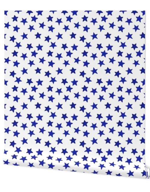 Faded Royal Blue Christmas Stars on White Wallpaper