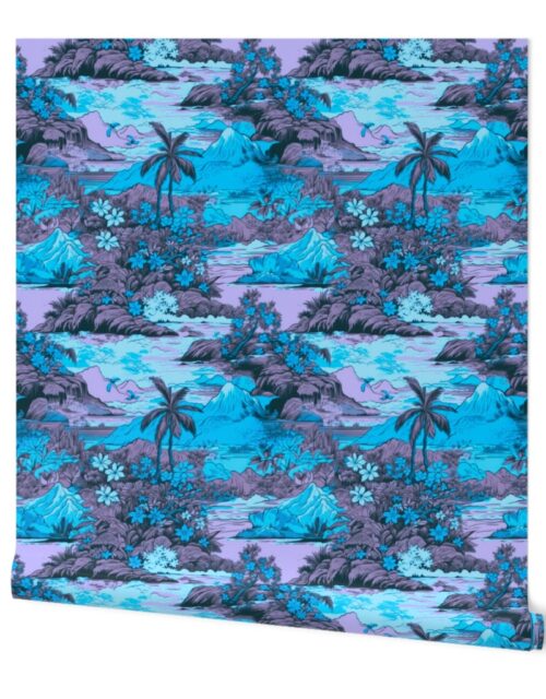 Small Vintage Hawaiian Landscape in Blue and Violet Wallpaper