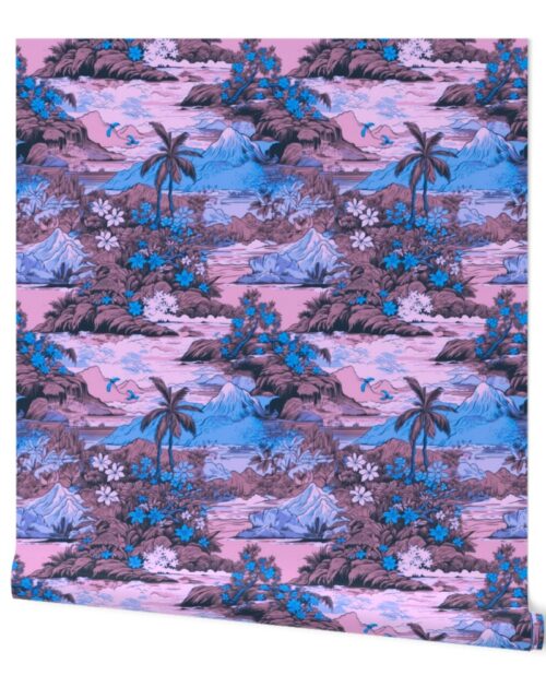 Small Vintage Hawaiian Landscape in Pink and Blue Wallpaper