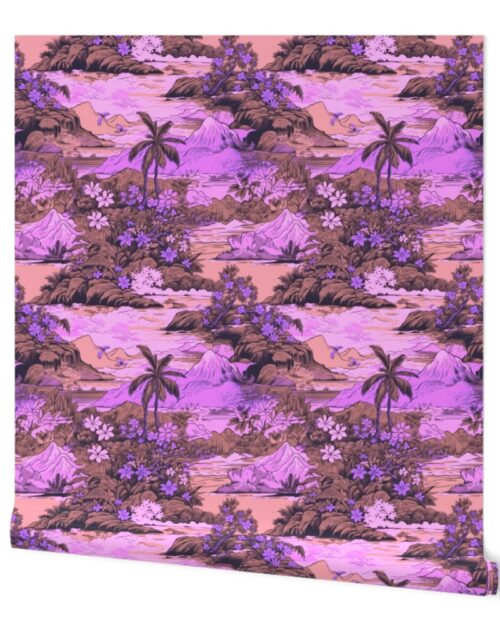 Small Vintage Hawaiian Landscape in Violet and Peach Wallpaper