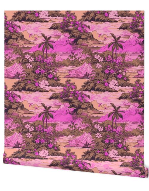 Small Vintage Hawaiian Landscape in Pink and Peach Wallpaper