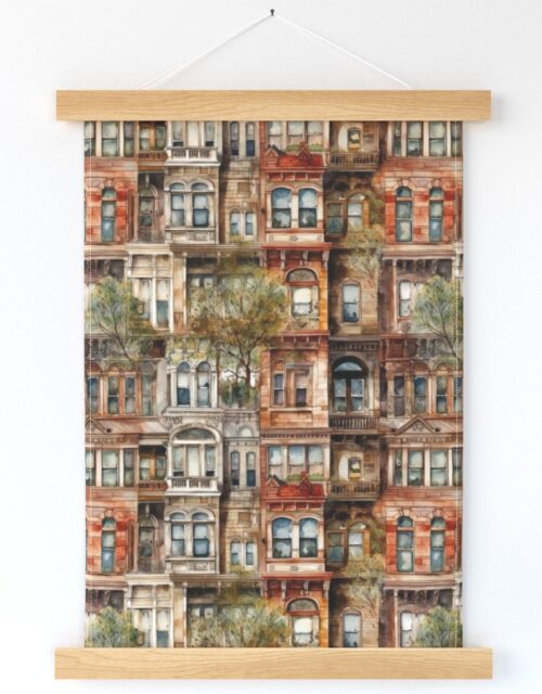 Brownstone Buildings in Varied Tones of Brown Watercolor Wall Hanging
