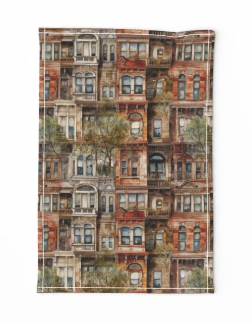 Brownstone Buildings in Varied Tones of Brown Watercolor Tea Towel