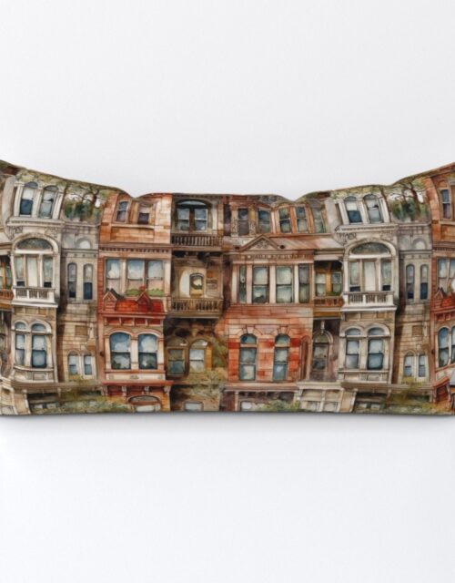 Brownstone Buildings in Varied Tones of Brown Watercolor Lumbar Throw Pillow