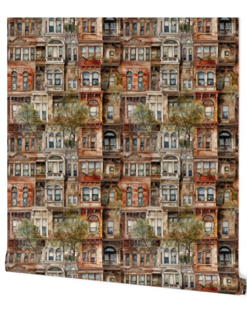 Brownstone Buildings in Varied Tones of Brown Watercolor Wallpaper